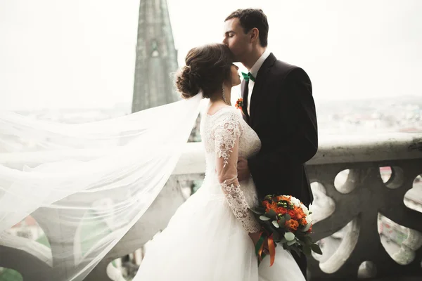 Beautiful wedding couple newlyweds standing on balcony with a view of the city