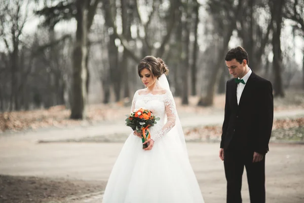 Stylish couple of happy stylish newlyweds walking in the  park on their wedding day with bouquet