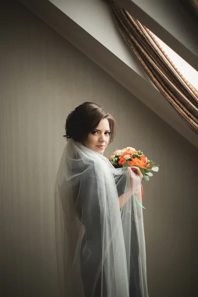 Luxury bride in black robe posing while preparing for the wedding ceremony