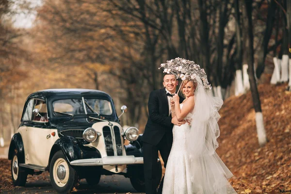 Stylish wedding couple, bride, groom kissing and hugging near retro car in autumn