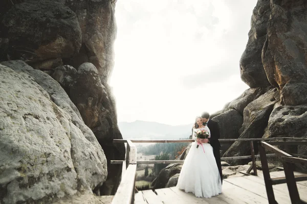 Wedding couple in love kissing and hugging near rocks on beautiful landscape