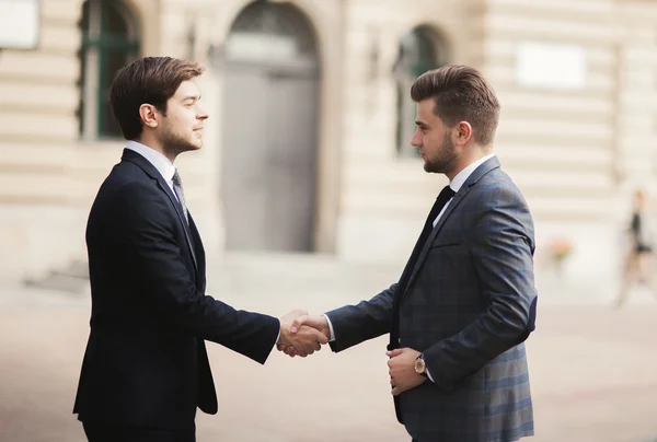 Two stylish businessmen shaking hands in suits