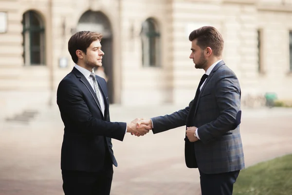 Two stylish businessmen shaking hands in suits