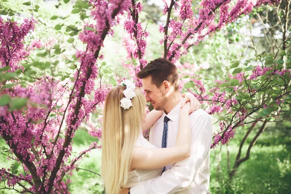 Young beautiful couple kissing and hugging near trees with blossom in summer park