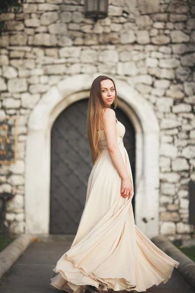 Young woman with long dress and hair posing in park  near old gate