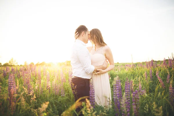 Bride and groom, rissing at sunset on a beautiful field with flowers, romantic married couple