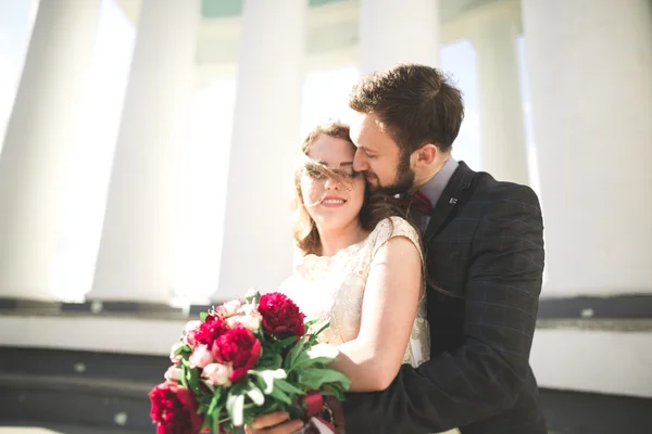 豪华结婚婚礼情侣,新娘和新郎在古老的城市构