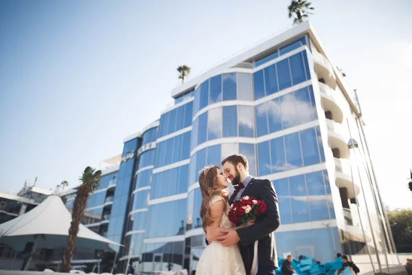 Elegant beautiful couple posing near modern glass building