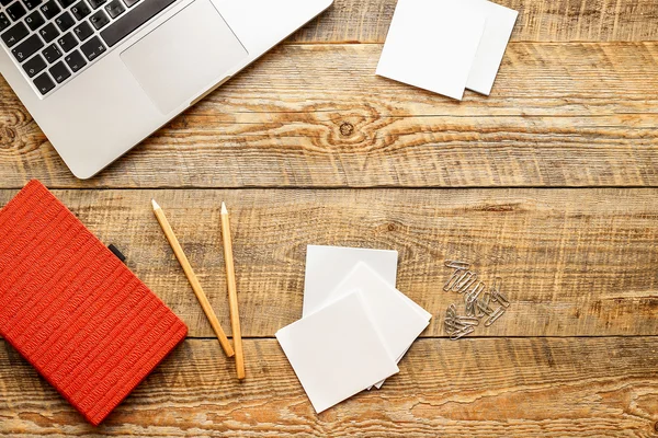 Comfortable working place at home on wooden table