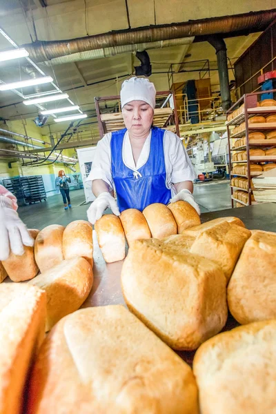 Omsk, Russia - December 19, 2014: Wokers at bread factory