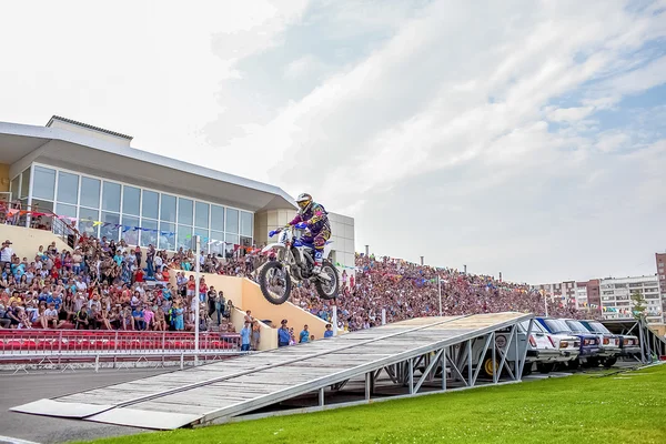 Omsk, Russia - August 03, 2013: Auto rodeo, stunts motorcycle