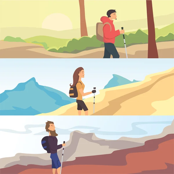 Set of flat vector web banners on the theme Hiking, Trekking, Walking. Sports, outdoor recreation, adventures in nature
