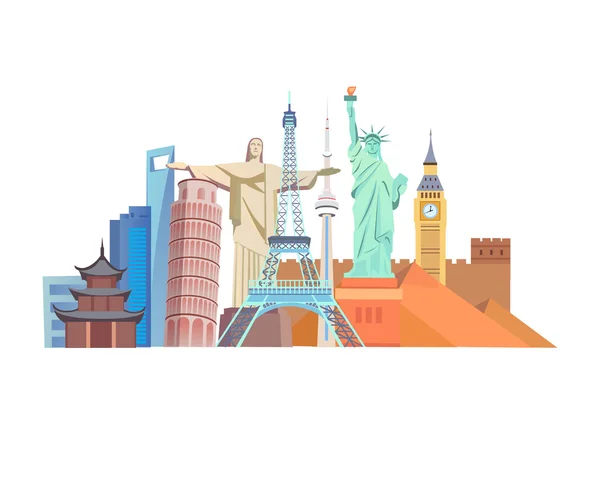 World famous attractions in flat design style. Cartoon collection of world memo architecture isolated