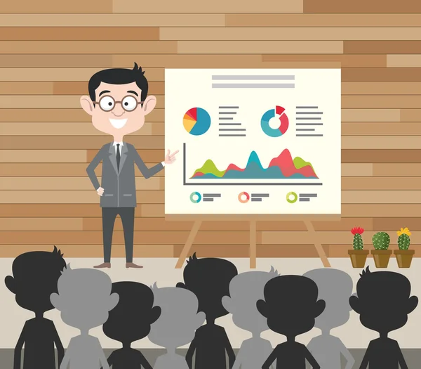 Business presentation businessman standing present graph data front of crowd people vector graphic illustration