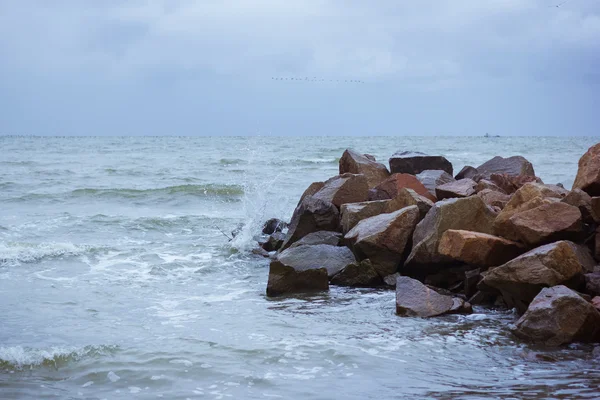 Windy and cold weather at sea. Sea waves on the rocks. Sea spray and foam. Large wet stones