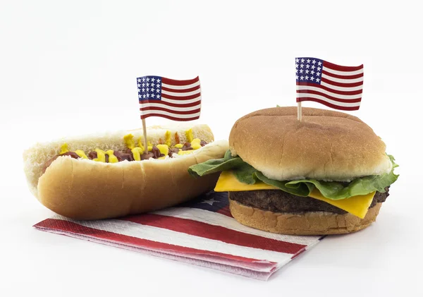 Hot dog and Hamburger on an American flag napkin and toothpick
