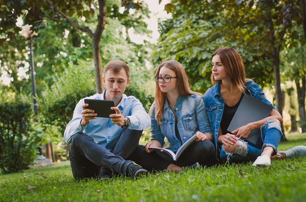 Happy students sit on the grass in the park study materials and