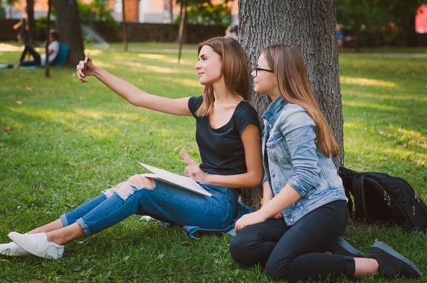 Two happy students in a park doing selfie