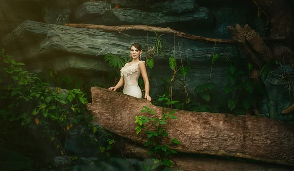 Beautiful young brunette woman in a long white dress, blue eyes, in the jungle. Bride in the jungle.