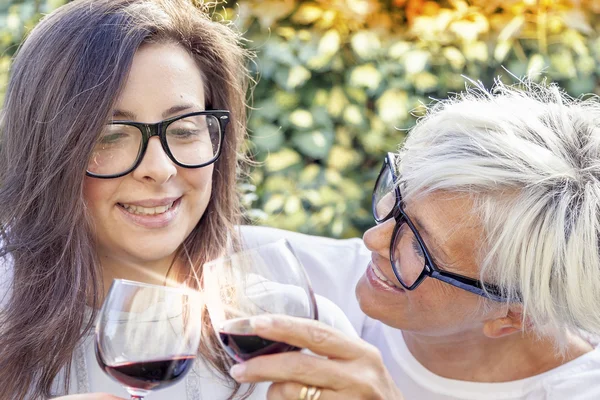 Mother and adult daughter tasting wine sitting outdoor