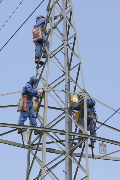 People working with blue protective clothing on a electricity py
