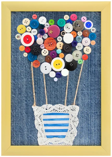Valentine card - frame for couple in love , big heart, pattern air balloon of buttons in the frame on jeans background for figures, for sweethearts; handmade
