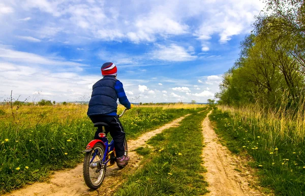 Boy on bike on country road in sunny day