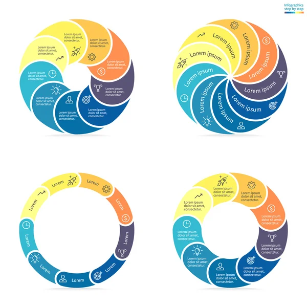 Circular infographics with rounded colored sections.