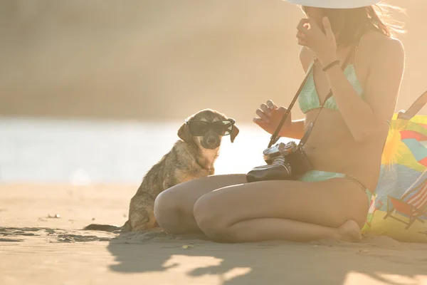 Young woman playing with dog pet on beach during sunrise or sunset.Girl and dog having fun on seaside.Cute neglected stray dog.Dog wearing sunglasses.Funny animal