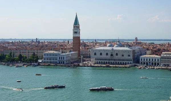 Aerial view over skyline of Venice at St Marks Place with Campanile and Doge Palace