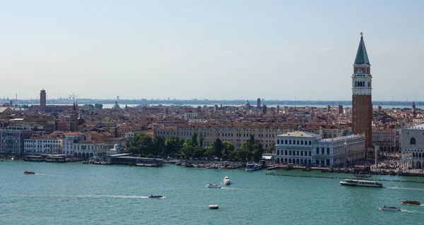 Aerial view over skyline of Venice at St Marks Place with Campanile and Doge Palace