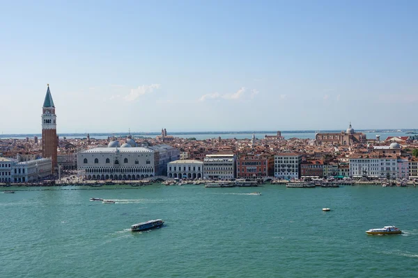 Aerial view over skyline of Venice at St Marks Place with Campanile and Doge Palace