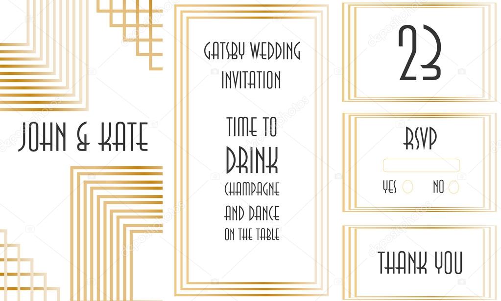 Karty Zaproszenie W Stylu Art Deco Grafika Wrowa Art Deco Zaproszenia ślubne Z Złotej Ramie W Wielki Gatsby Tematu Vector By Martist