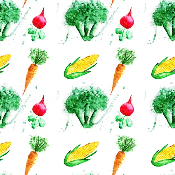 Watercolor seamless pattern with vegetables, corn head, broccoli, carrot and beetroot
