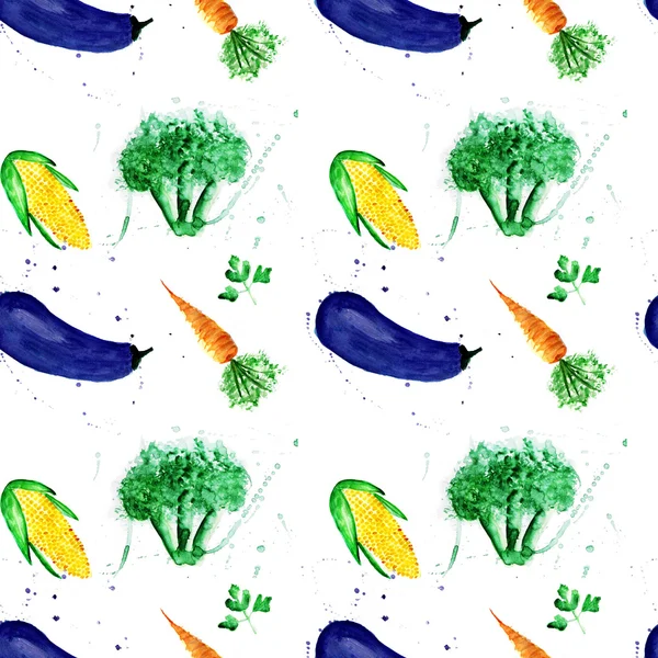 Seamless watercolor pattern with broccoli, carrot, egg plant and corn.