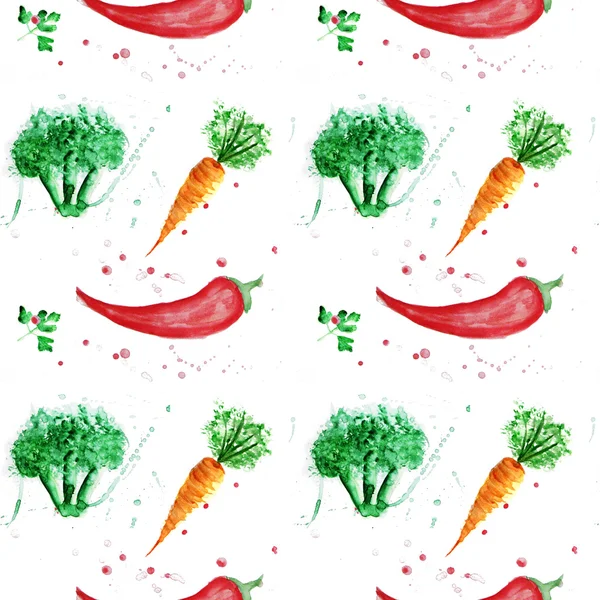 Seamless watercolor pattern with broccoli, carrot and red hot chilly pepper