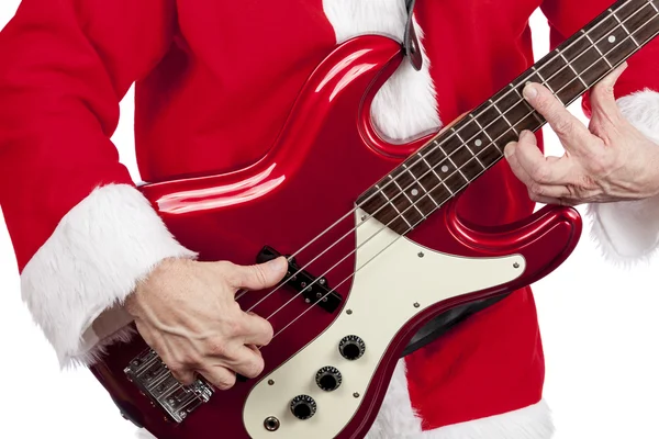 Father christmas playing a red electric bass guitar