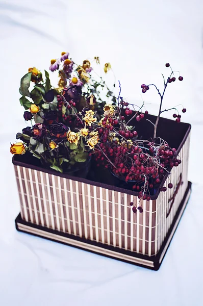 Red and yellow dried roses in a box on a white