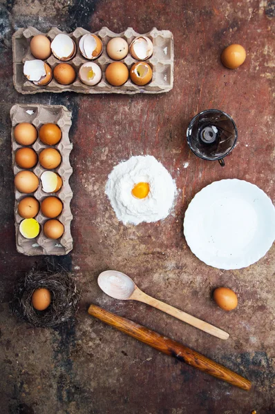 Baking cake ingredients - bowl, flour, eggs, egg whites foam, eg