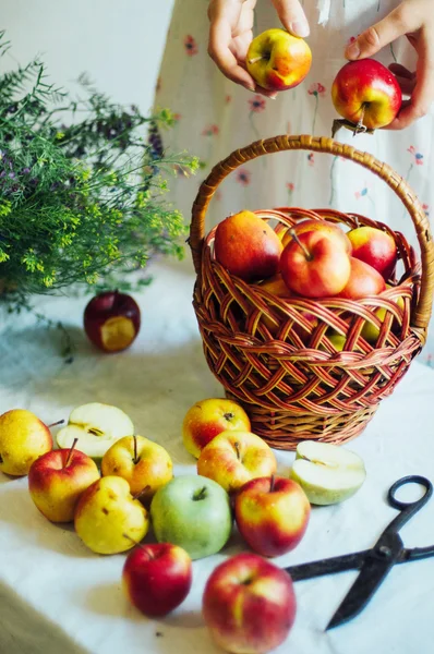 Apples  on white table. Sweet apples on table on bright backgrou