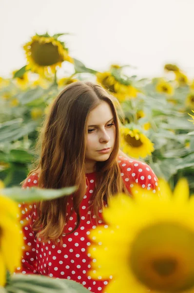 Sensual portrait of a girl in a sunflower field. Portrait of Woman in Sunflower Field.