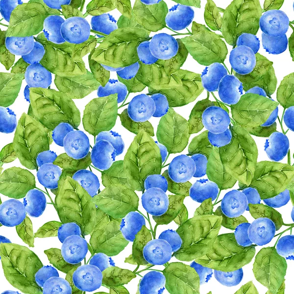 Seamless pattern from bilberry branches with blue ripe berries. Hand drawn watercolor painting on white background. A background for a srkapbuking