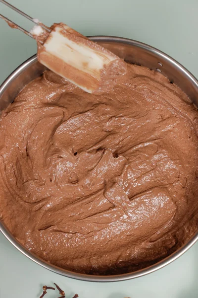 Close up of chocolate cake flour mixture unbaked