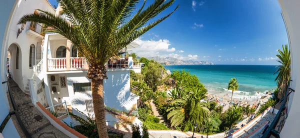 Sunny panoramic view of Mediterranean sea from viewpoint of Europe\'s balcony in Nerja, Andalusia province, Spain.