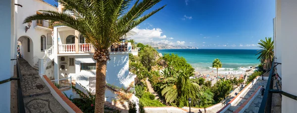 Sunny panoramic view of Mediterranean sea from viewpoint of Europe\'s balcony in Nerja, Andalusia province, Spain.