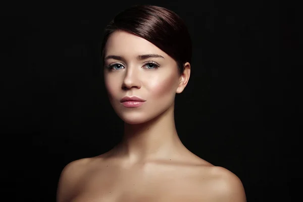 beauty fresh portrait of a young girl on a black background ,she naturals  beauty healthy facial skin like a peach ,beautiful face shine in the eyes, lip gloss,day Nude makeup artist,perfect makeup