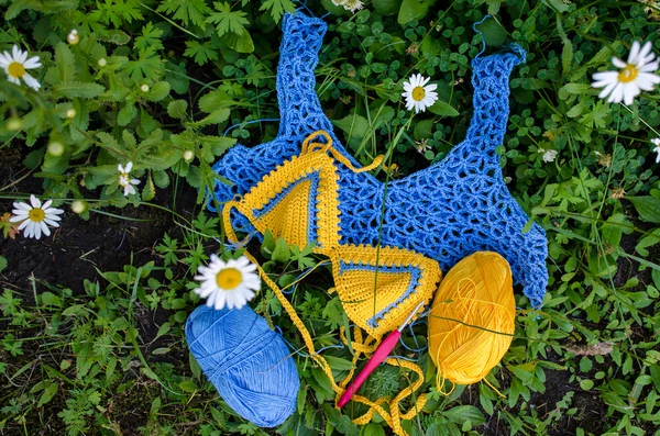 Crocheted swimsuit and top lies on the grass, along with balls of cotton yarn  crochet hook