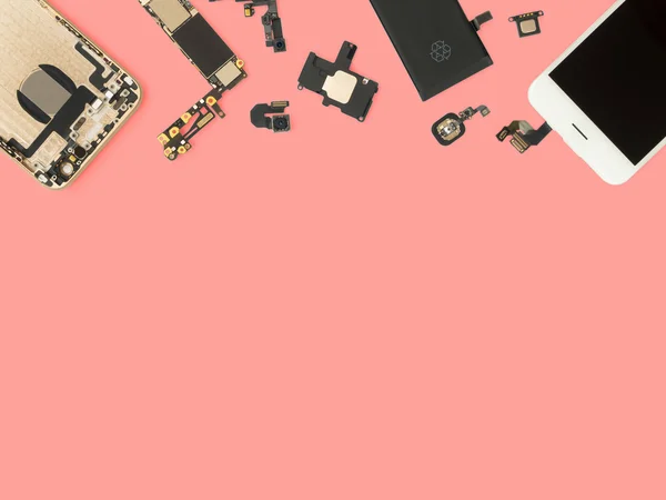 Flat Lay of smart phone components isolate