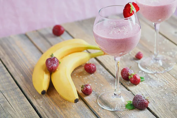 Delicious strawberry and banana smoothie, yogurt or milk shake w