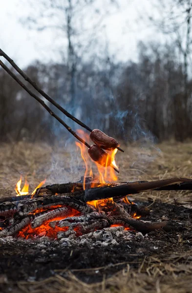 Sausages on the stick grilled in the fire